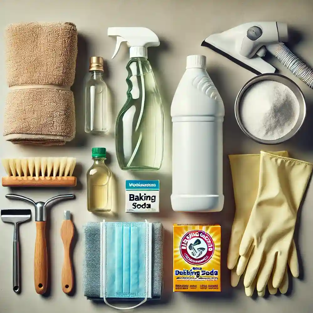 DALL·E 2024 12 27 11.41.37 A collection of cleaning tools and ingredients to remove vomit smell from furniture. Include items like a spray bottle of vinegar baking soda microf 1