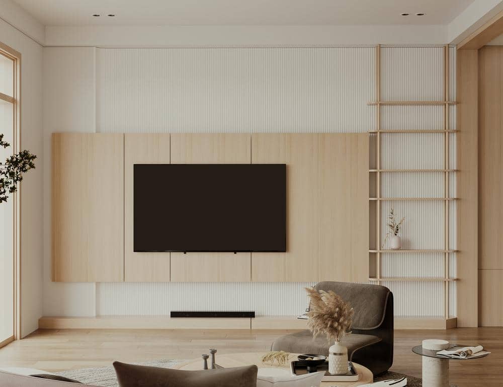 minimalist living room interior design wooden sleek furnishings tv white