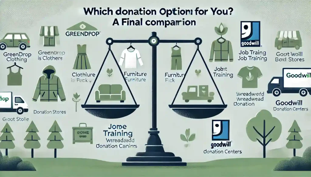 DALL·E 2025 01 14 15.55.27 A simple and clean illustration titled Which Donation Option Is Best for You A Final Comparison featuring a balanced scale. On one side GreenDrop 1