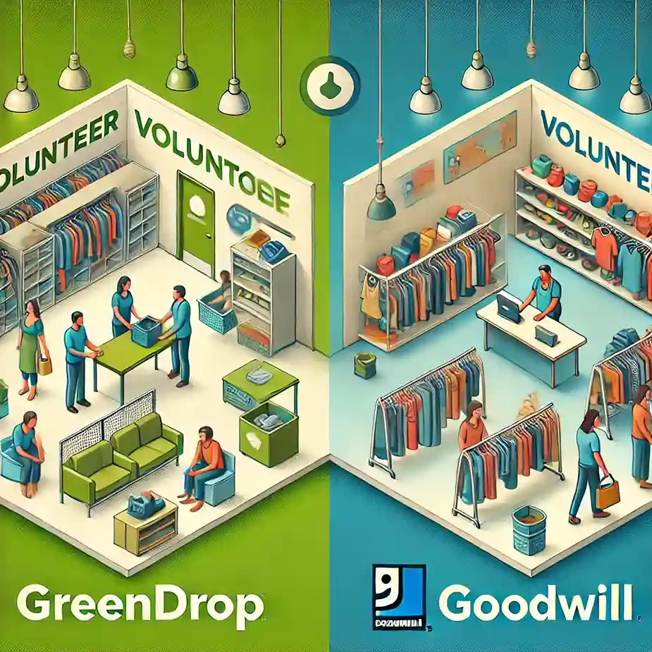 DALL·E 2025 01 14 15.59.22 A side by side conceptual illustration of volunteer opportunities and involvement at GreenDrop versus Goodwill. On the left side GreenDrop depict a 1